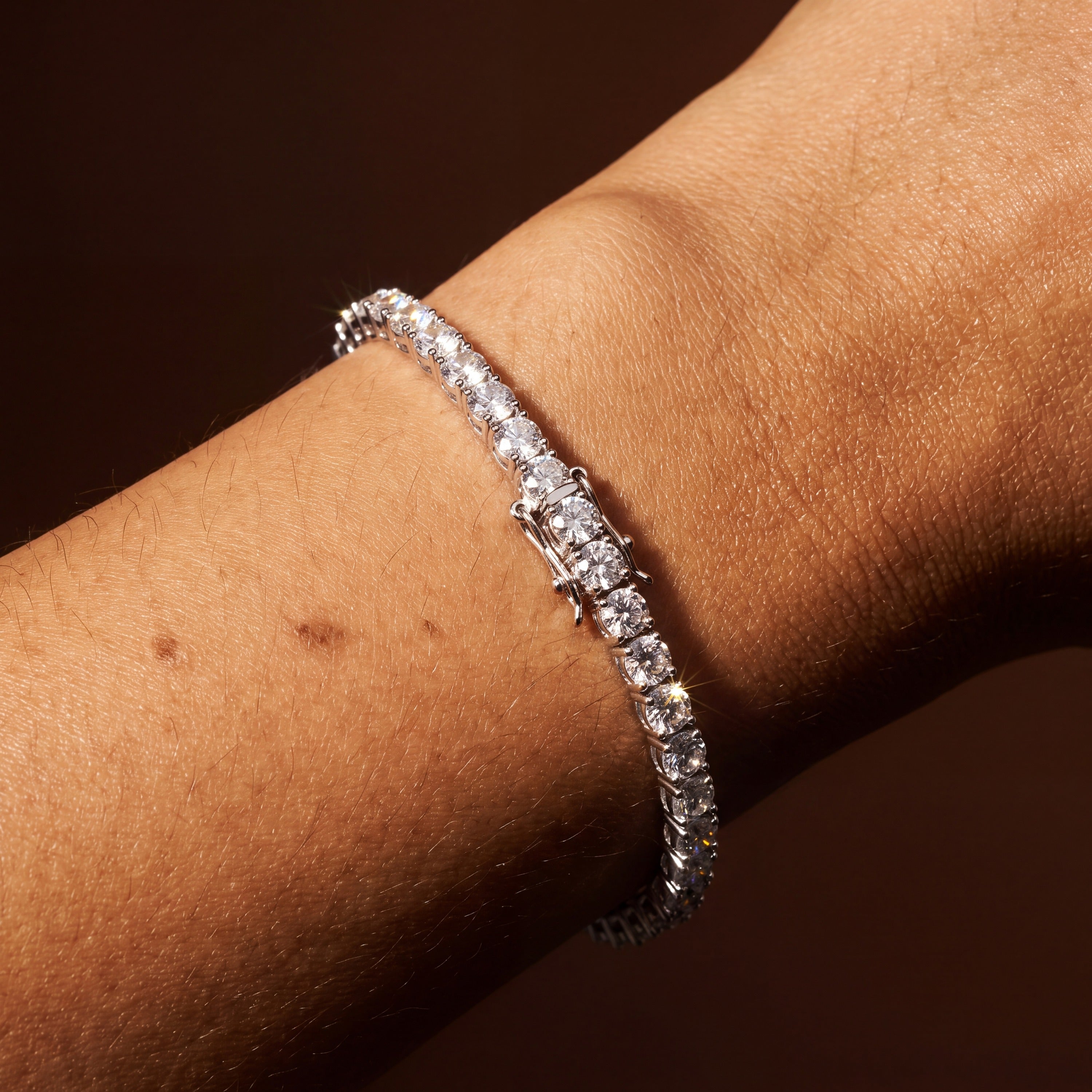 Cubic zirconia tennis bracelet seen from a second angle on the wrist
